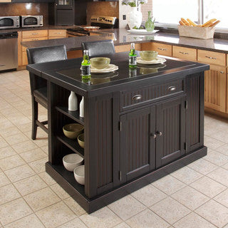 Nantucket Distressed Black Finish Kitchen Island with Two Bar Stools.